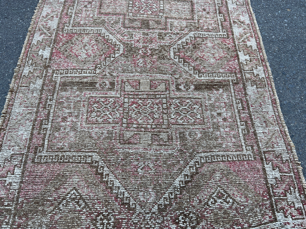 Handwoven Wool Turkish Rug 4x10: Neutral Bohemian Entry Rug