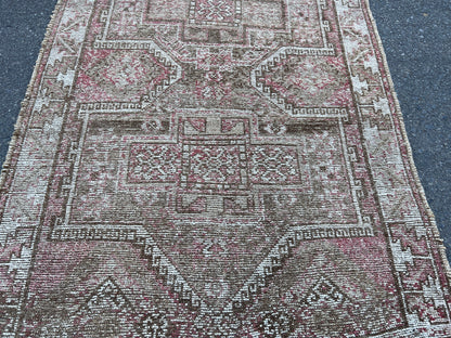 Handwoven Wool Turkish Rug 4x10: Neutral Bohemian Entry Rug