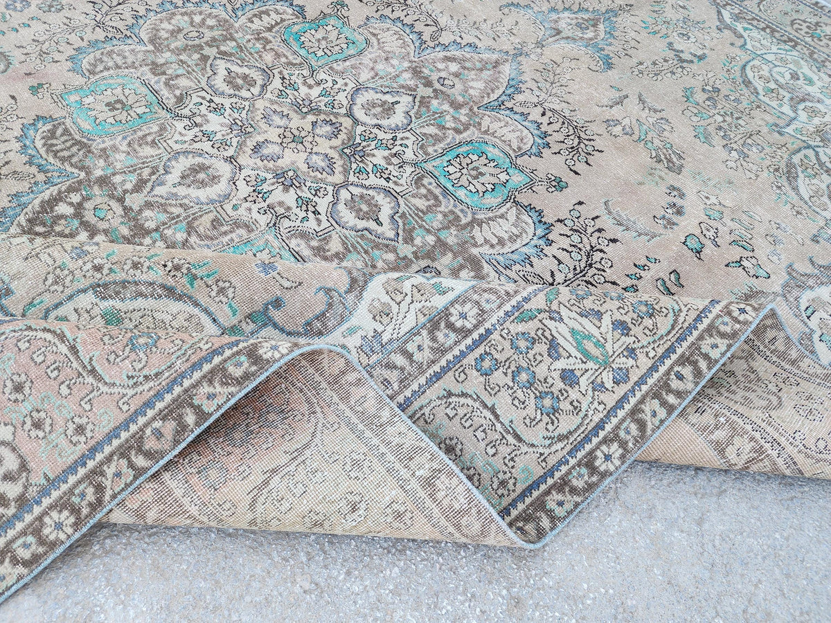 Vintage Neutral Area Rug 9x13: Persian Medallion Design, Brown and Green