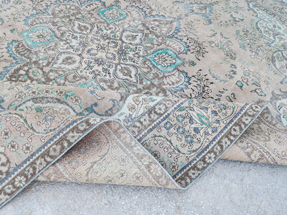 Vintage Neutral Area Rug 9x13: Persian Medallion Design, Brown and Green