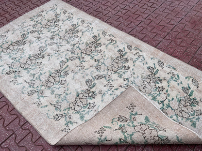 Handwoven Turkish Oushak Rug: 3.7x6.6, Wool & Cotton Floral Rug