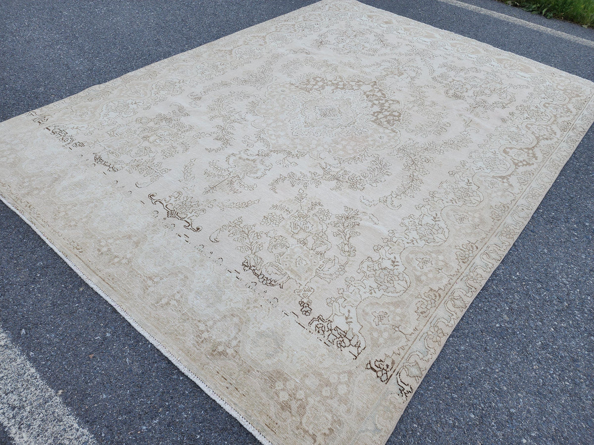 10x13 Neutral Vintage Rug, Hand Knotted Up Cycled Wool, Beige and Brown