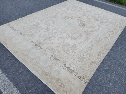 10x13 Neutral Vintage Rug, Hand Knotted Up Cycled Wool, Beige and Brown
