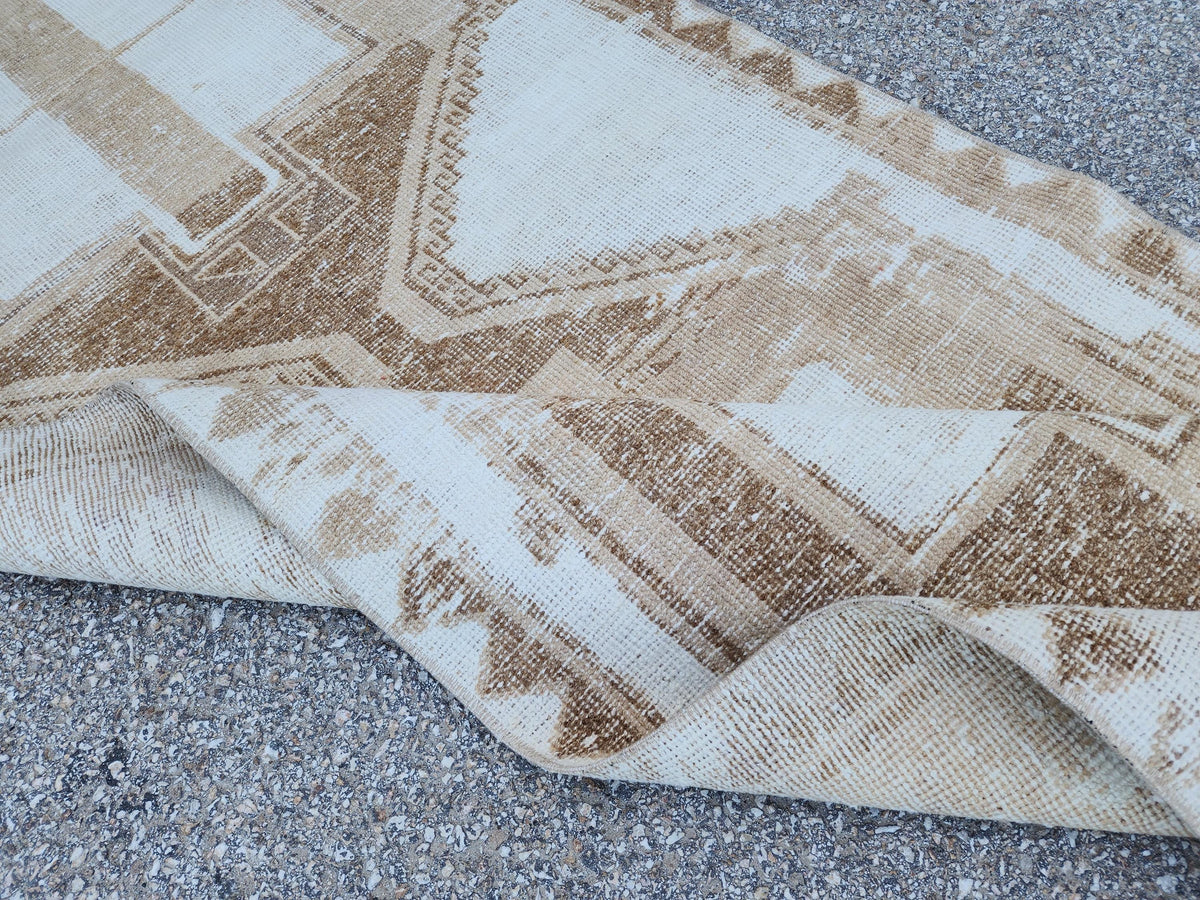 3x12 Neutral Runner Rug, Geometric Turkish Hand Made Design, Beige and White