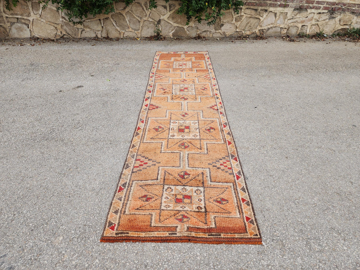 Orange Herki Runner Rug 3x11, Wool on Wool Oriental Decor, Turkish Hand Made, Kitchen Decor