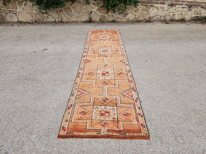 Orange Herki Runner Rug 3x11, Wool on Wool Oriental Decor, Turkish Hand Made, Kitchen Decor