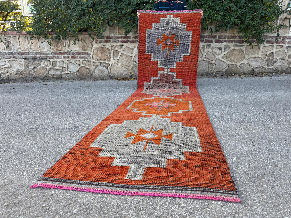 3x12 Oriental Herki Runner: Vintage Handwoven Wool in Burnt Orange & Brown with Geometric Motifs