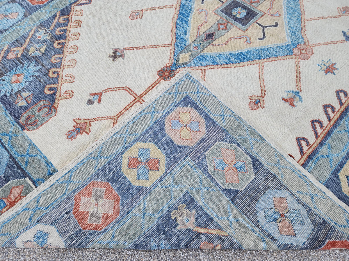 Handwoven Oushak Rug 10x14: Beige & Blue Turkish Wool Rug, Farmhouse Home Decor