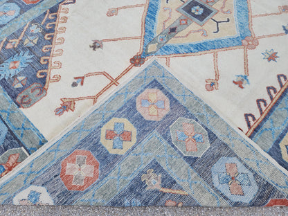 Handwoven Oushak Rug 10x14: Beige & Blue Turkish Wool Rug, Farmhouse Home Decor