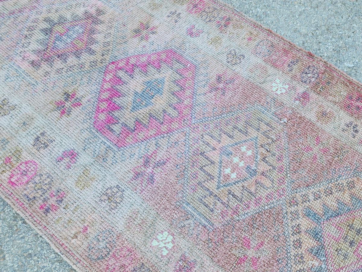 Turkish Runner Rug 2.7x11.2 ft, Soft Wool Pink Color, Hallway Rustic Decor