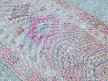 Turkish Runner Rug 2.7x11.2 ft, Soft Wool Pink Color, Hallway Rustic Decor
