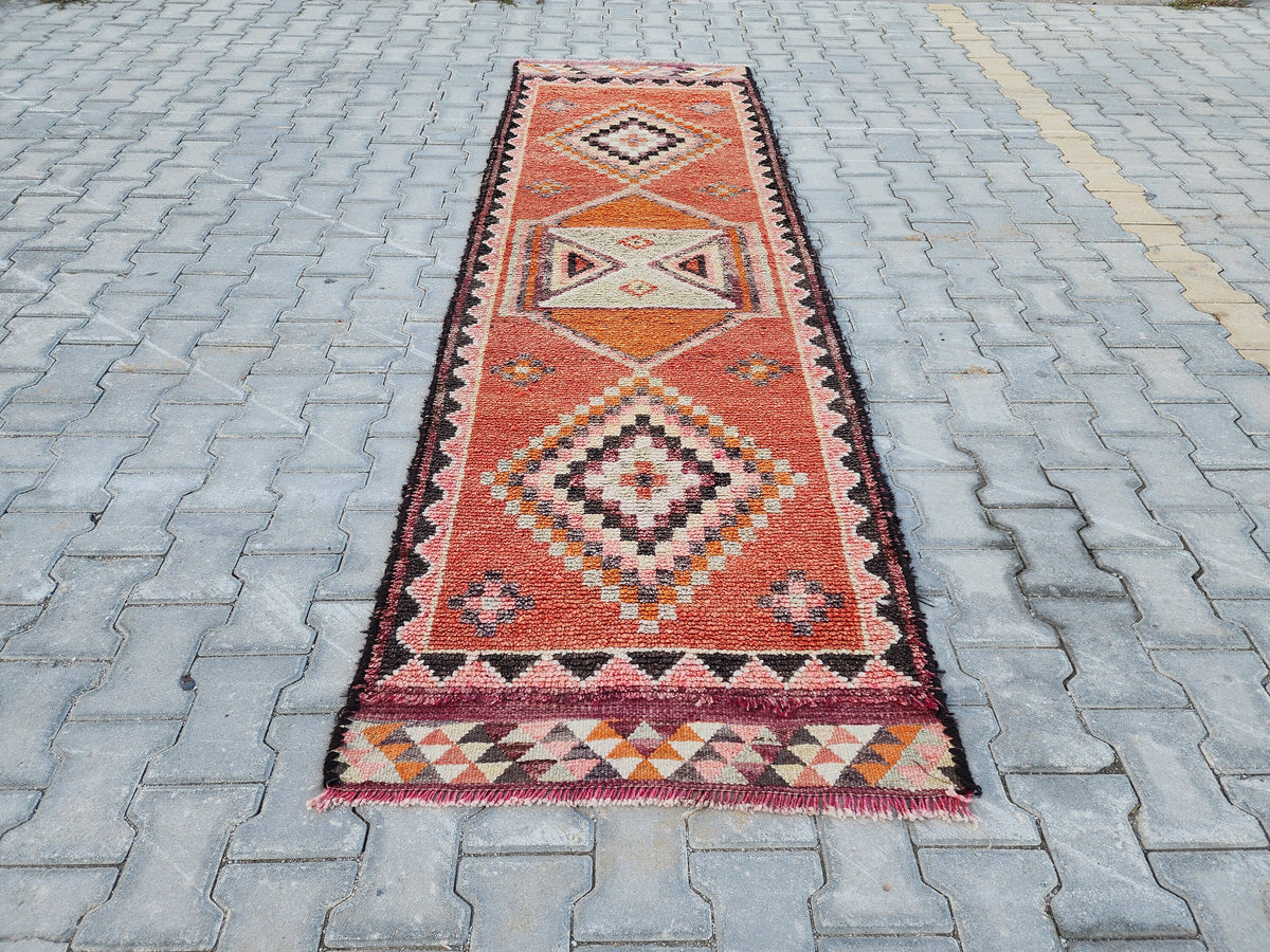 Vintage Herki Wool Runner Rug: 2.8x9 Orange Bohemian Rug