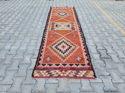 Vintage Herki Wool Runner Rug: 2.8x9 Orange Bohemian Rug