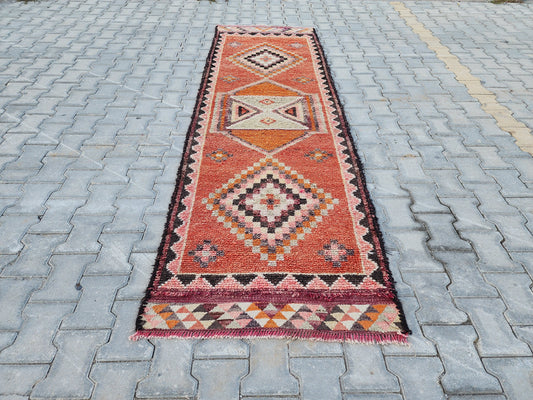 Vintage Herki Wool Runner Rug: 2.8x9 Orange Bohemian Rug