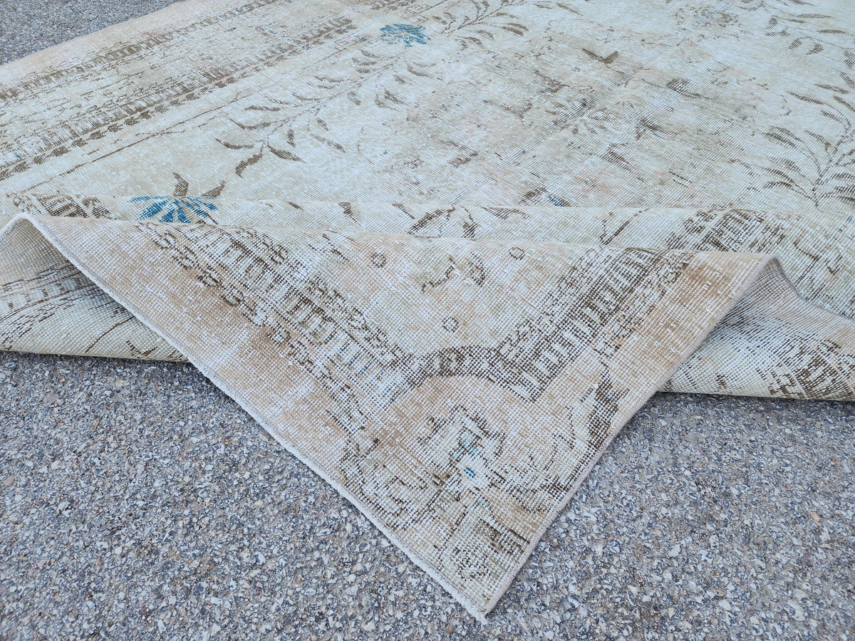 7x10 Hand-Knotted Wool Oushak Rug: Turkish Beige Distressed Carpet