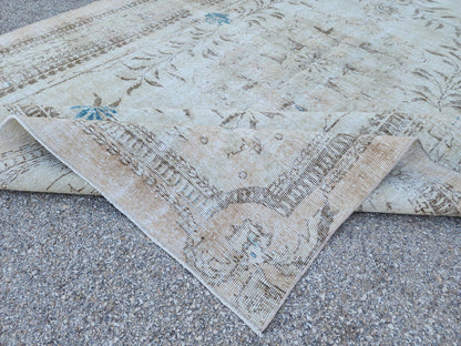 7x10 Hand-Knotted Wool Oushak Rug: Turkish Beige Distressed Carpet