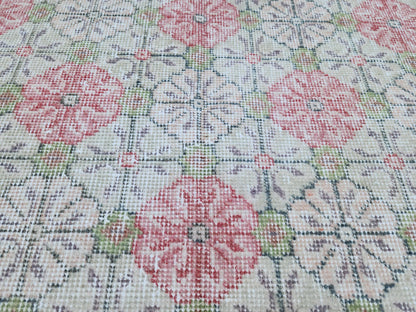 5x9 Vintage Area Rug, Turkish Wool Hand Knotted, Faded Red And Green Carpet