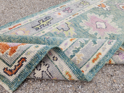 2x7 Green Oushak Runner Rug, Eco Friendly Rug, Up Cycled Wool, Kitchen Decor