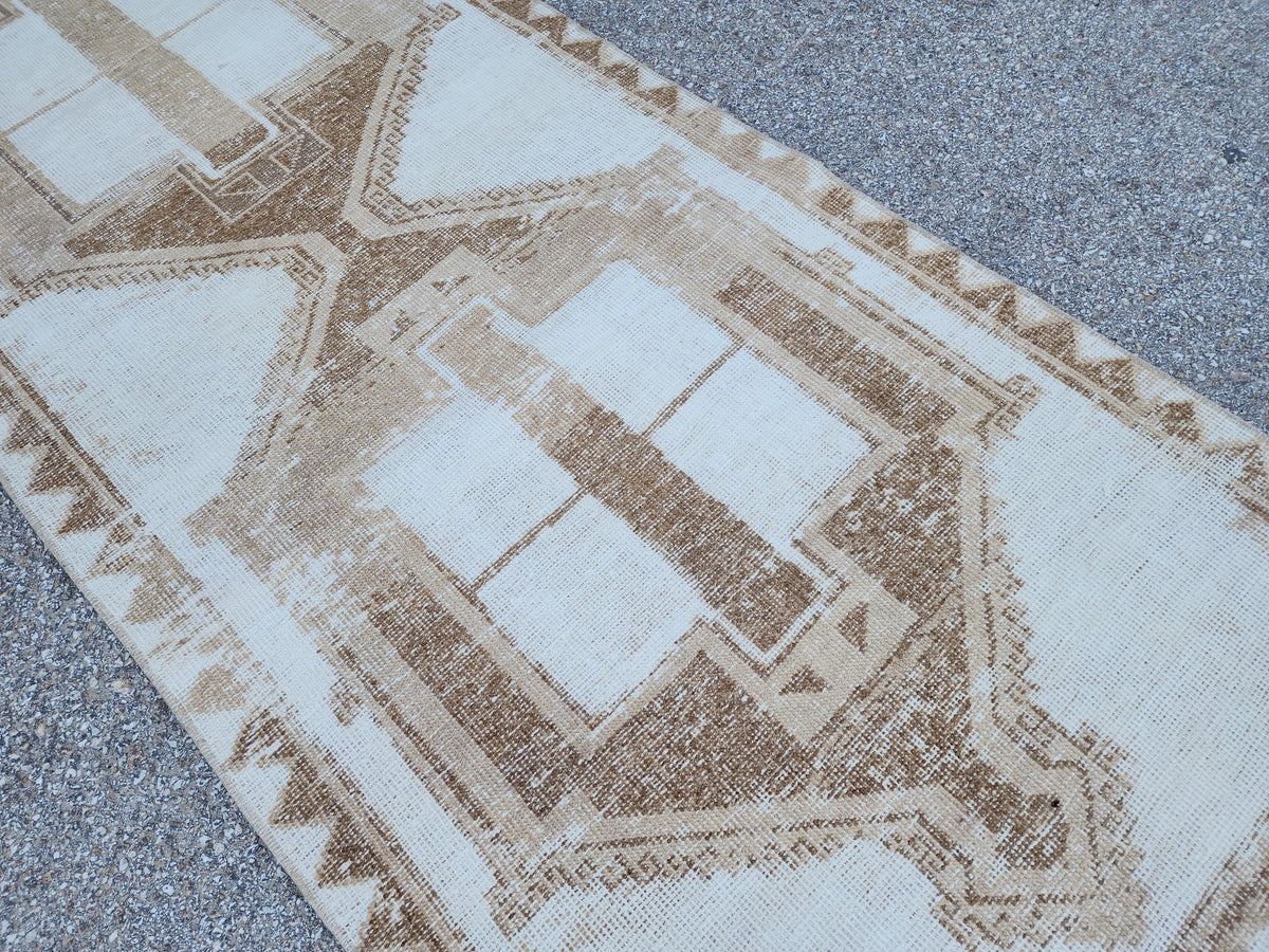 3x12 Neutral Runner Rug, Geometric Turkish Hand Made Design, Beige and White
