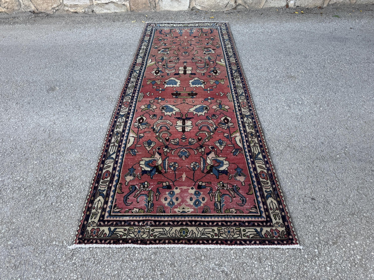 3x9 Tribal Persian Rug: Hand Woven, Faded Red and Black Pattern