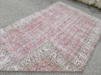 Vintage Oushak Rug 7x10: Handwoven Turkish Wool, Faded Red Farmhouse Style