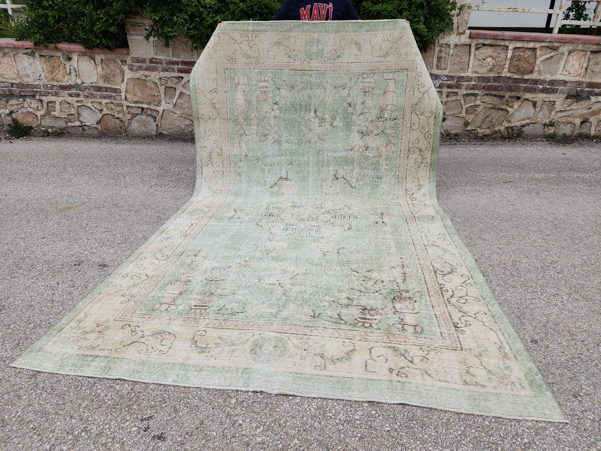 Green Turkish Oushak Rug 6x11: Handwoven Wool Isparta Carpet