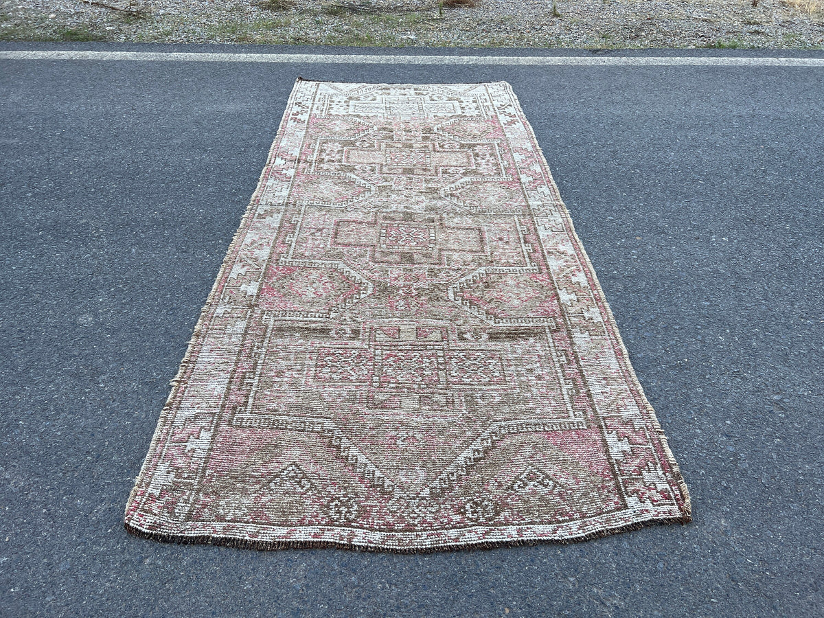 Handwoven Wool Turkish Rug 4x10: Neutral Bohemian Entry Rug