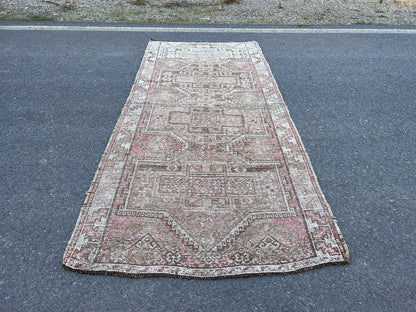 Handwoven Wool Turkish Rug 4x10: Neutral Bohemian Entry Rug