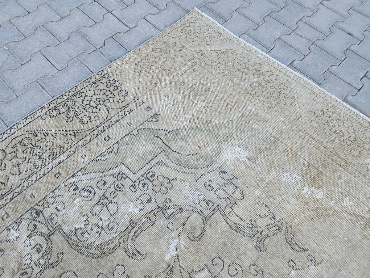 Vintage Oriental Rug 9x12: Beige And Brown Wool, Medallion Persian Border Design, Hand Knotted