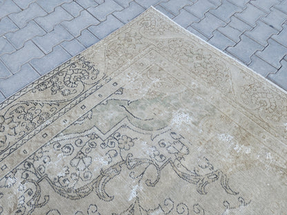 Vintage Oriental Rug 9x12: Beige And Brown Wool, Medallion Persian Border Design, Hand Knotted
