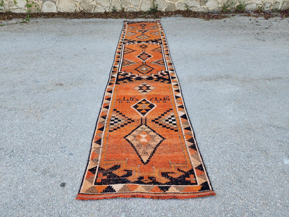 Herki Runner Rug 2x13, Hand Knotted Wool, Oriental Rustic Decor, Eco Friendly, Stair Runner