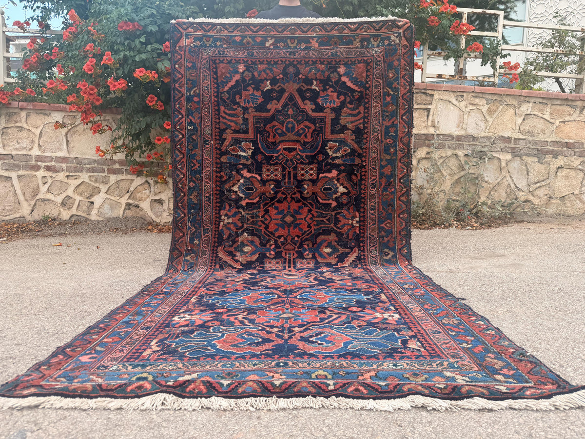 4x9 Antique Rug, 1920s Handwoven Wool Carpet, Patina Blue Collectible Tribal Rug