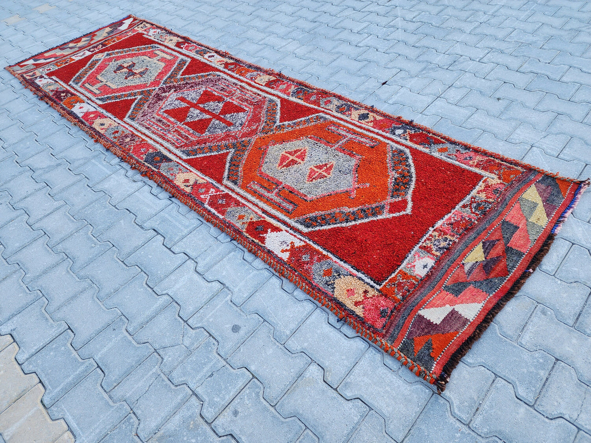 Vintage Herki Wool Runner Rug 3x11: Bohemian Hallway Rug