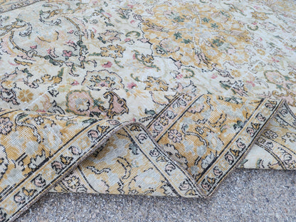 6x9 Oushak Rug: Handwoven Turkish Wool Rug, Neutral Floral Design