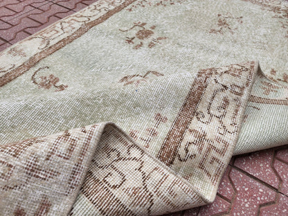 Handwoven Turkish Oushak Rug 4x7: Neutral Wool Bohemian Rug