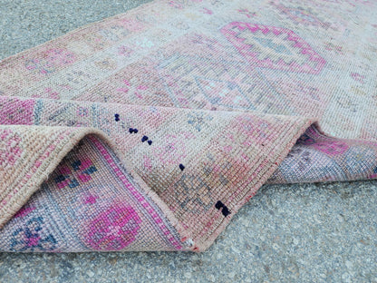 Turkish Runner Rug 2.7x11.2 ft, Soft Wool Pink Color, Hallway Rustic Decor