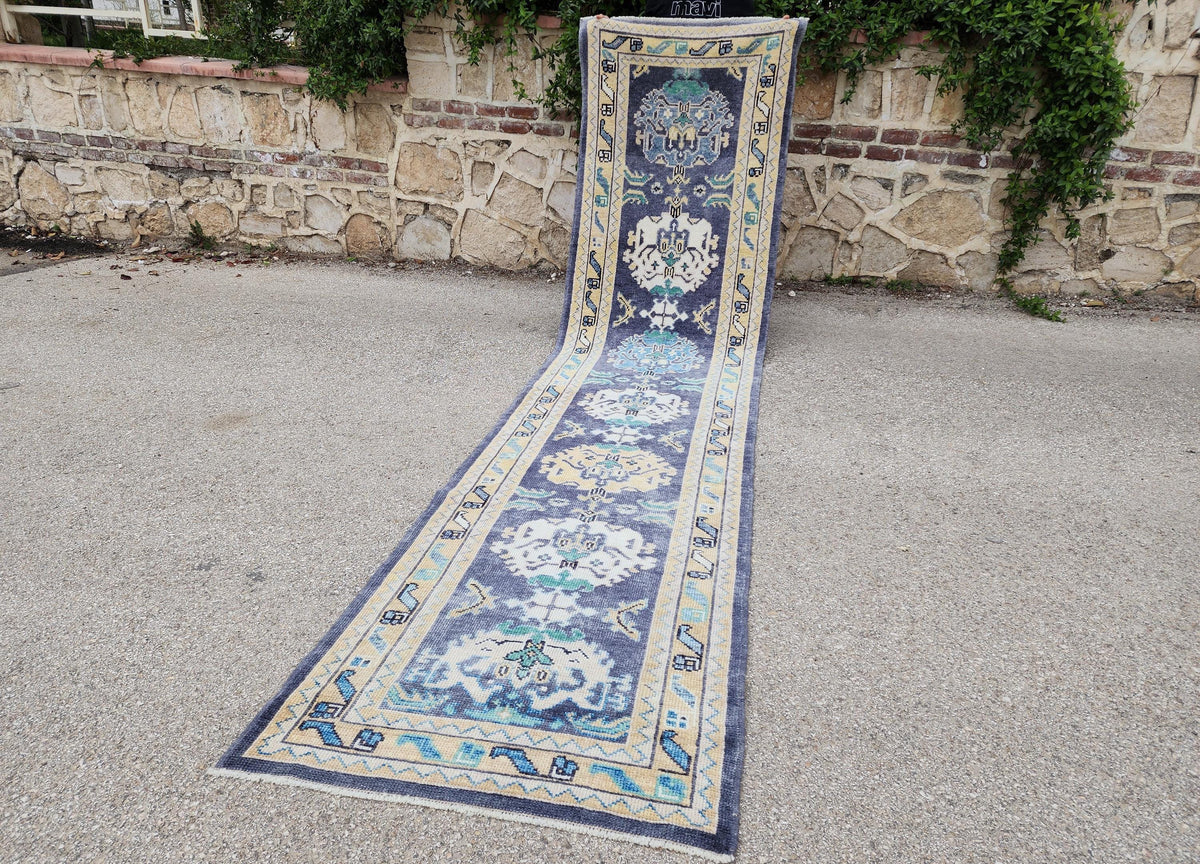 3x13 Turkish Runner, Up Cycled Wool Oushak Hand Made, Ocean Breeze Patina Blue Rug