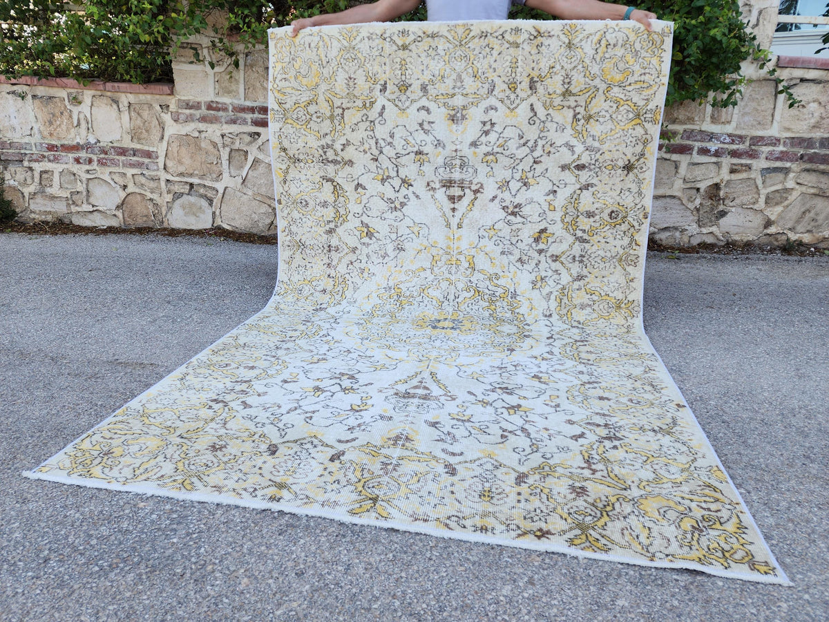 7x9 Handwoven Turkish Oushak Rug: Vintage Wool Rug, Beige and Yellow Neutral Palette