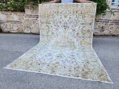 7x9 Handwoven Turkish Oushak Rug: Vintage Wool Rug, Beige and Yellow Neutral Palette