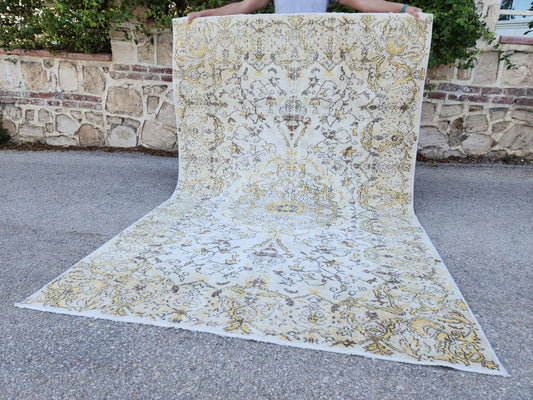 7x9 Handwoven Turkish Oushak Rug: Vintage Wool Rug, Beige and Yellow Neutral Palette