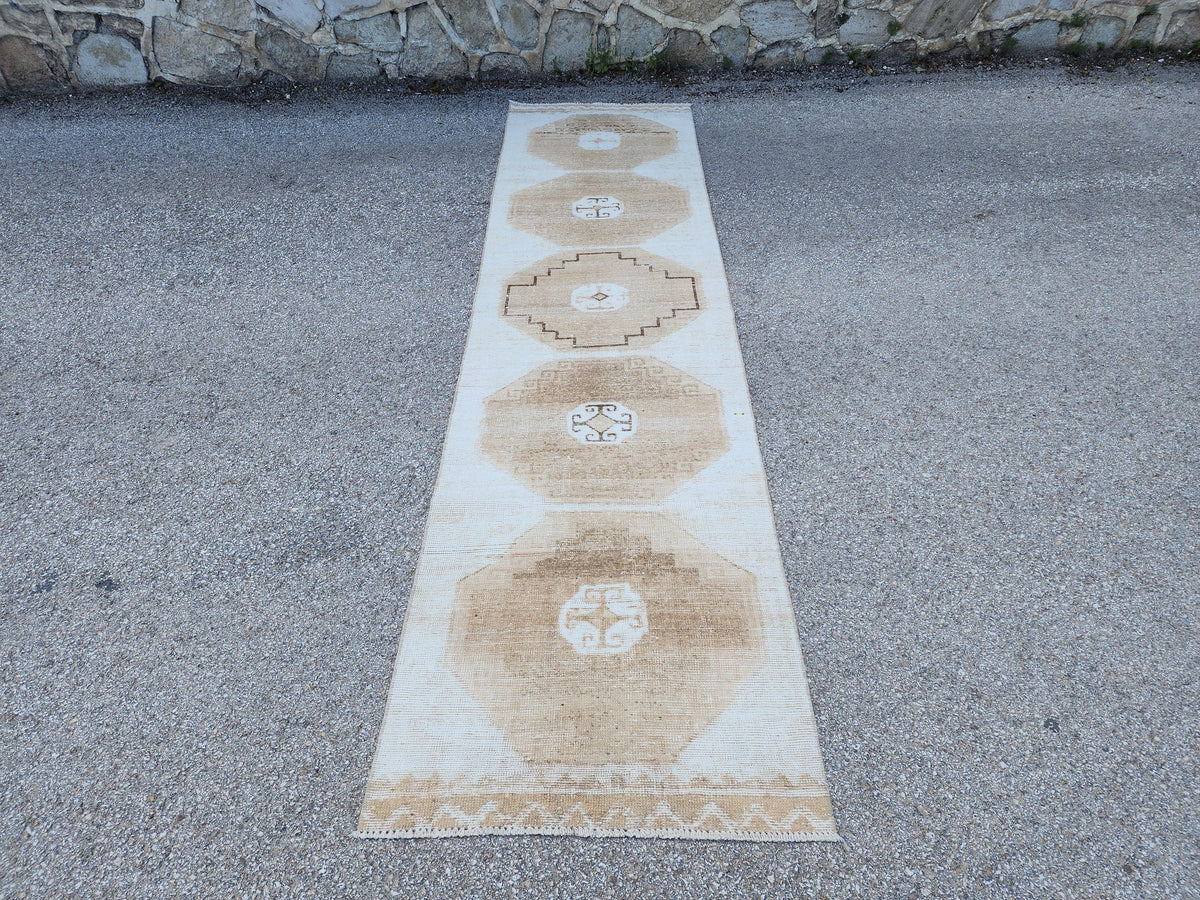 3x11 Neutral Turkish Wool Runner Rug, Hand-Knotted Vintage Hallway & Entryway Rug