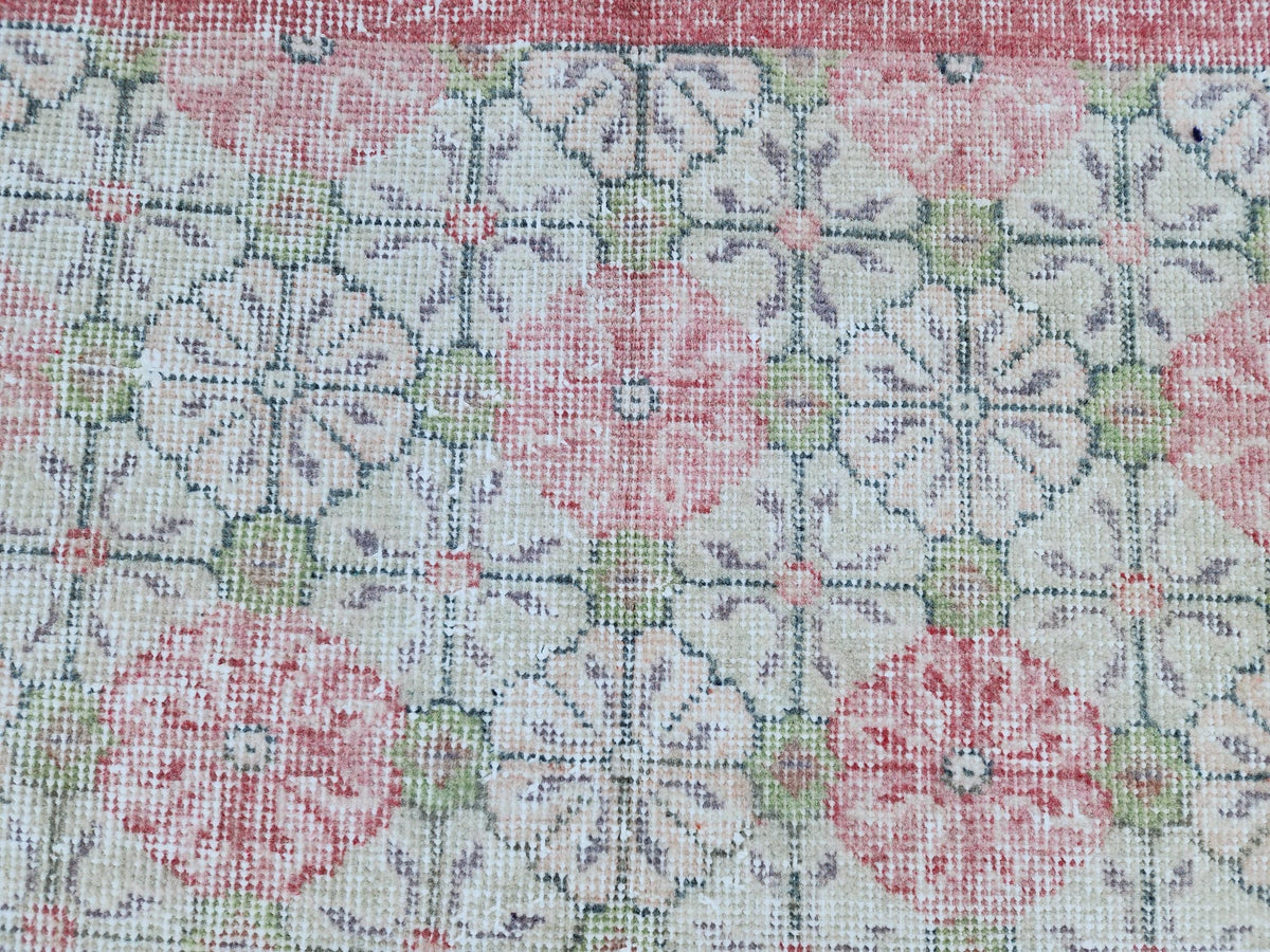 5x9 Vintage Area Rug, Turkish Wool Hand Knotted, Faded Red And Green Carpet