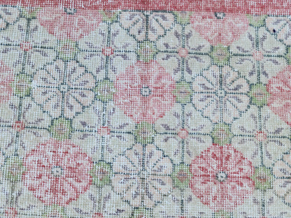 5x9 Vintage Area Rug, Turkish Wool Hand Knotted, Faded Red And Green Carpet