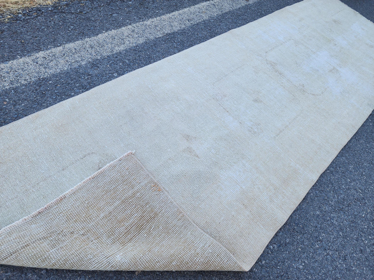 Muted Turkish Runner Rug 3x11, Farmhouse Decor, Neutral Hand Knotted Beige and White