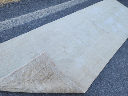 Muted Turkish Runner Rug 3x11, Farmhouse Decor, Neutral Hand Knotted Beige and White