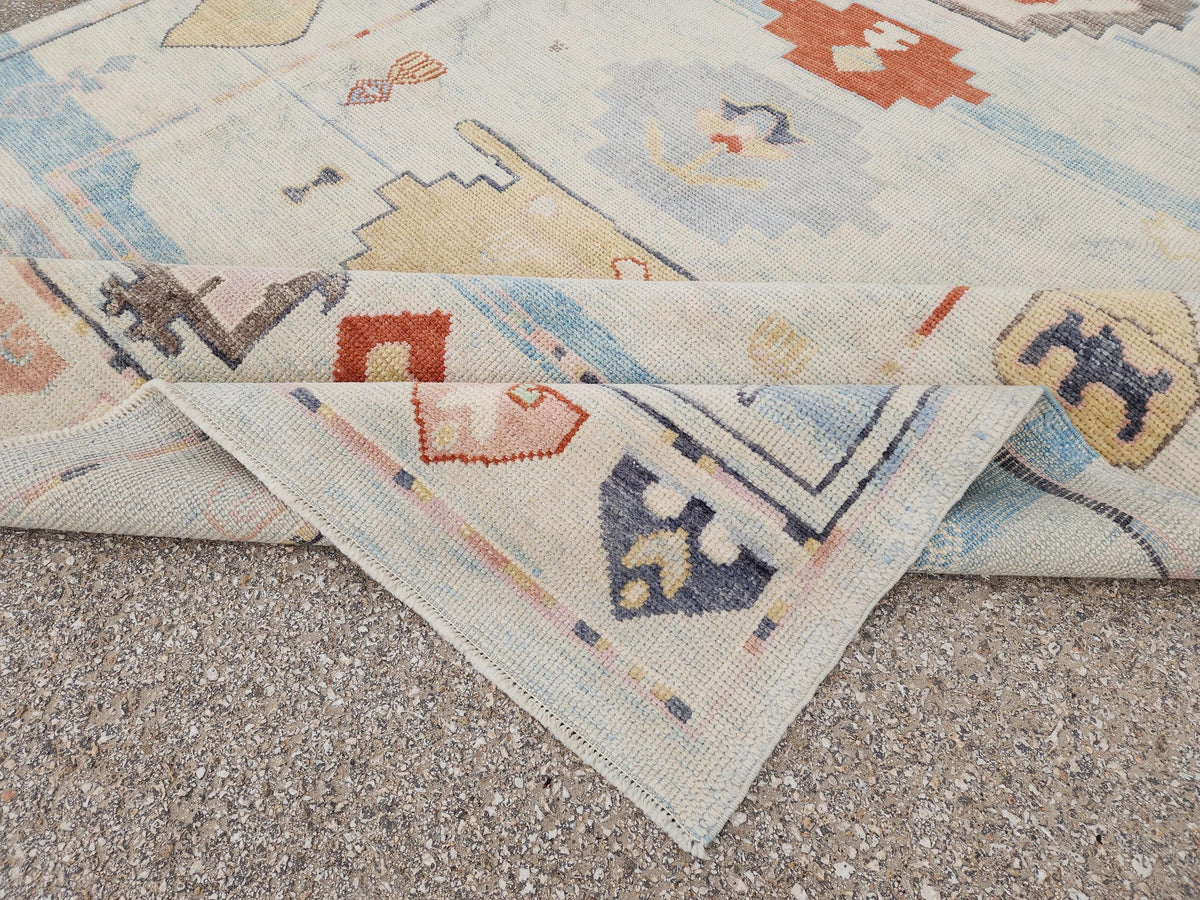 6x9 Oushak Rug: Light Beige Pastel Turkish Wool, Handwoven Boho Rug