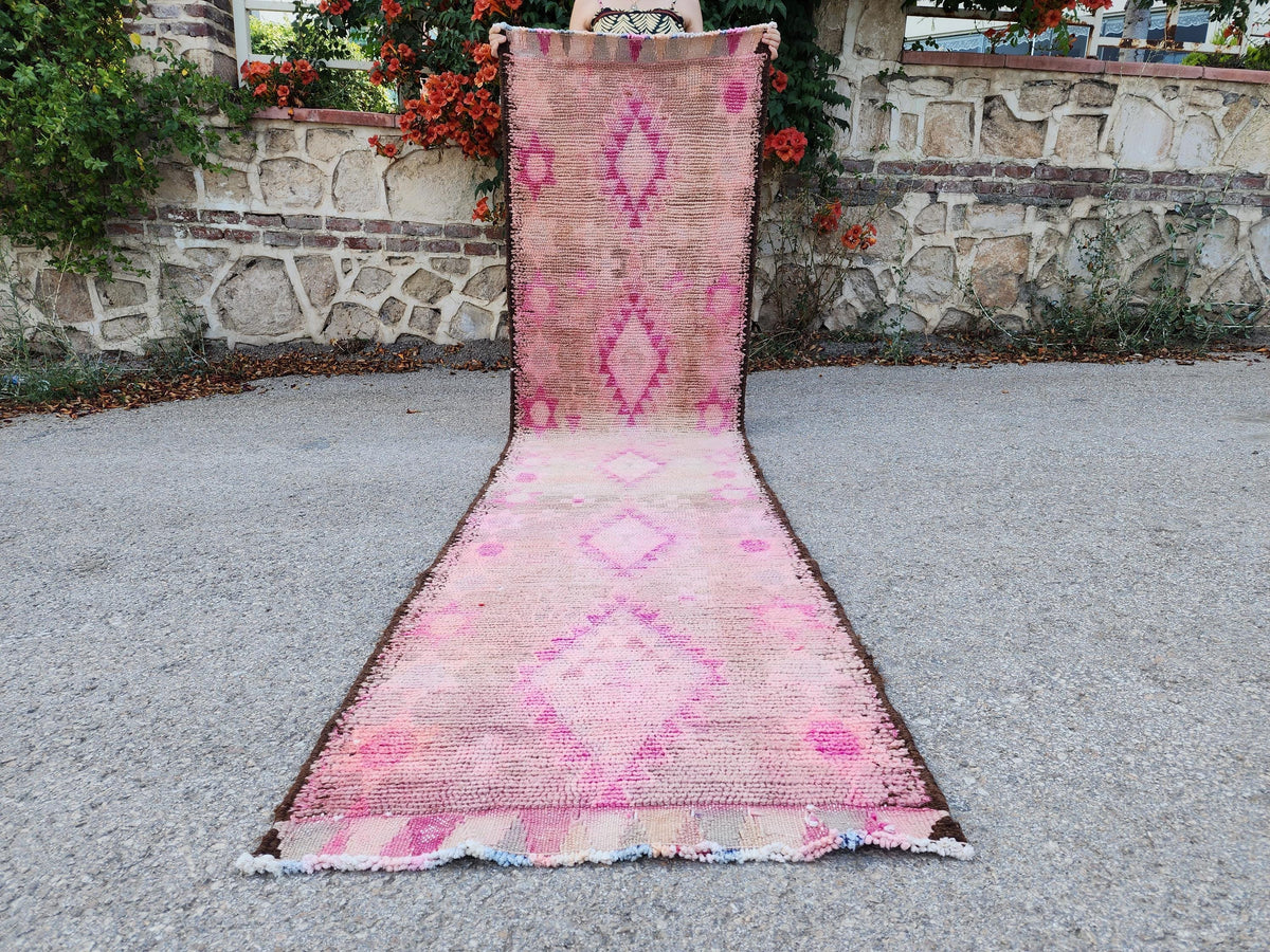 Herki Pink Runner Rug 2.7x10 ft, Turkish Wool Hand Made Carpet, Home Rustic Hallway Decor