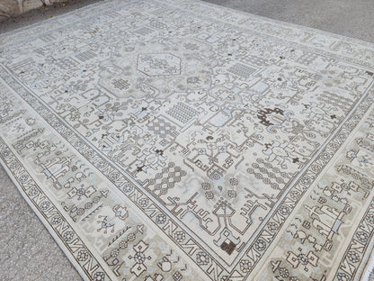 Vintage 9x13 Neutral Oriental Rug: Hand Woven Wool Cotton Area Rug, Geometric Pattern Carpet