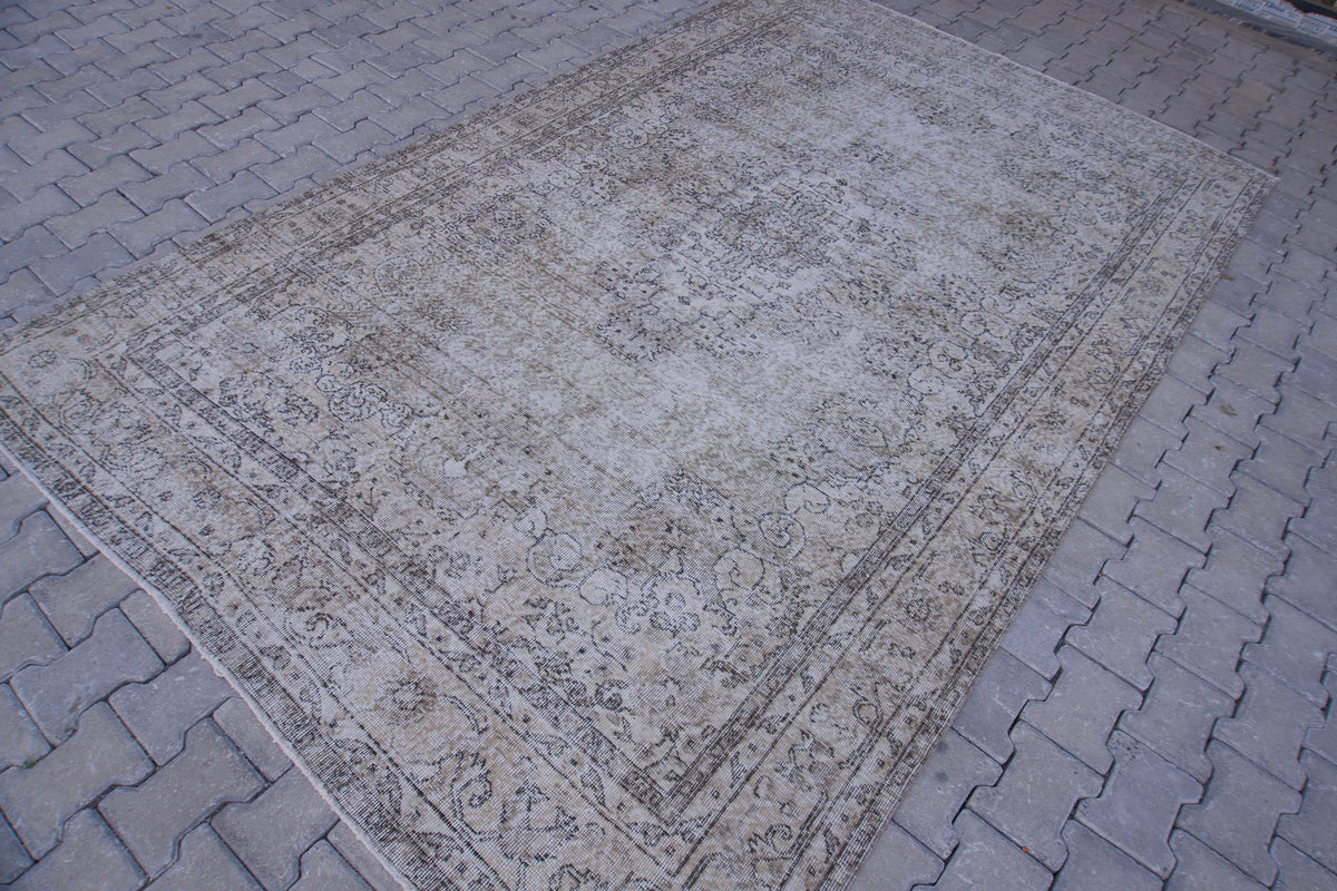 Neutral Area Rug 6x10, Handwoven Oushak Carpet, Grey Turkish Wool & Cotton