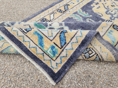 3x13 Turkish Runner, Up Cycled Wool Oushak Hand Made, Ocean Breeze Patina Blue Rug